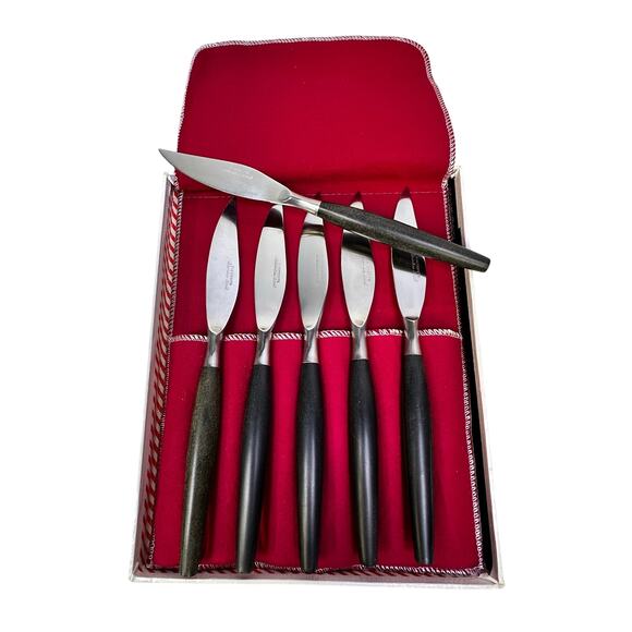 Everbright USA Top Quality Vintage MCM Set of 6 Wood Handled 8.5" Steak Knives - Picture 1 of 6